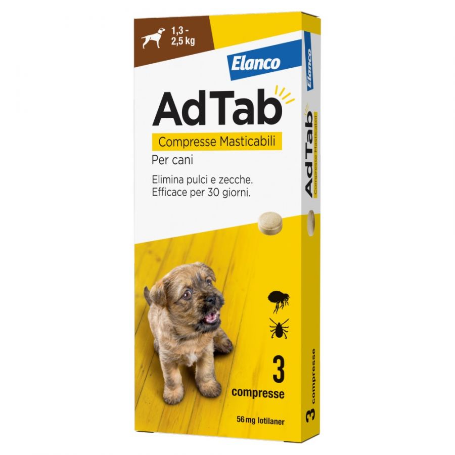 AdTab 1,3 - 2,5 kg Compresse Masticabili 56mg per Cane - 3 Compresse Marrone AdTab 1,3 - 2,5 kg Compresse Masticabili 56mg per Cane - 3 Compresse Marrone